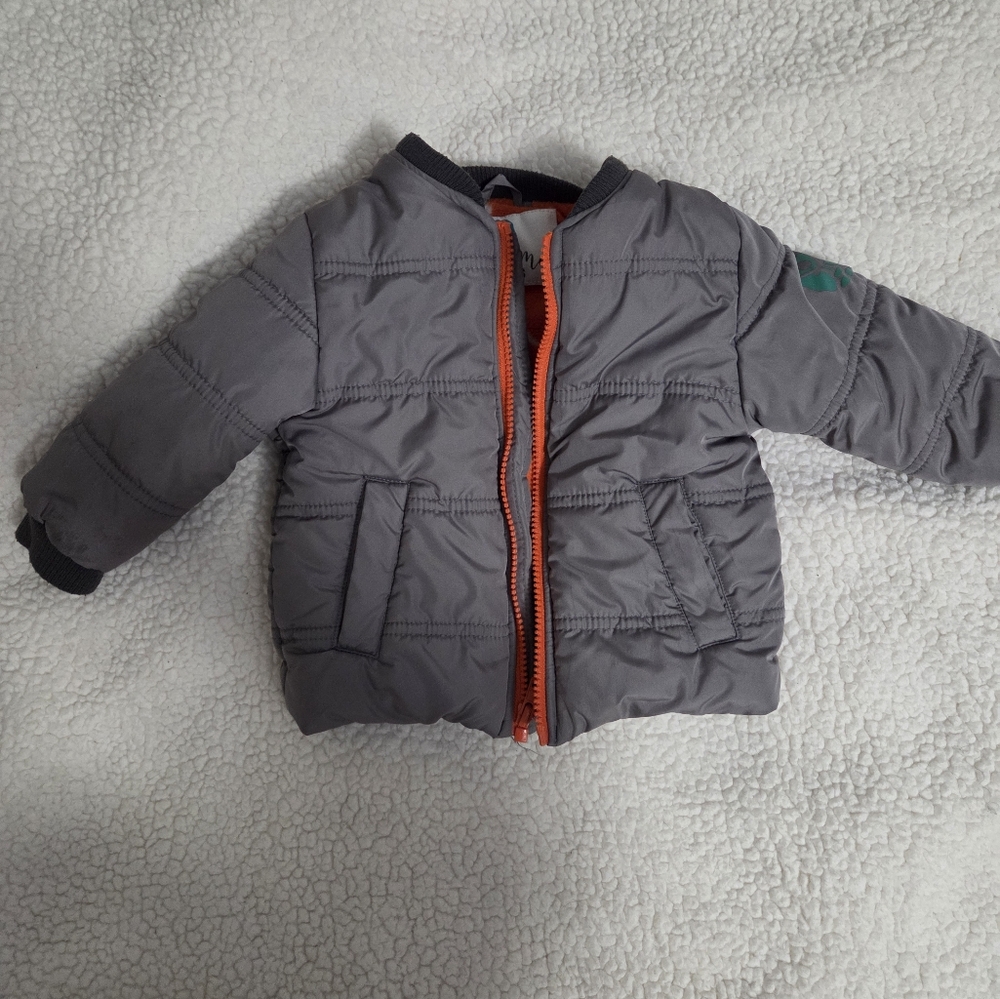 6/9 Buckle Me Baby Toasty Gray Puffer Jacket with Orange Zipper